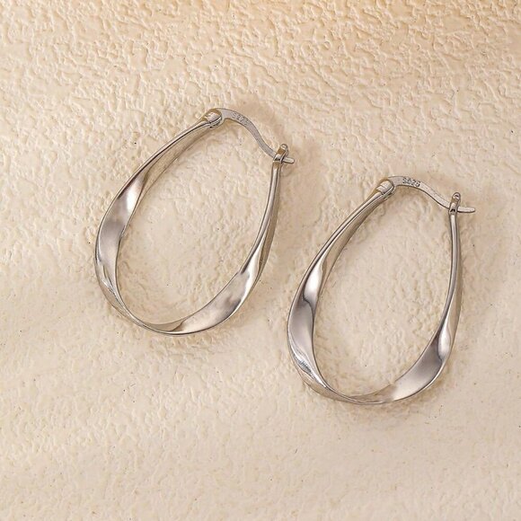 Jewelry - 925 Sterling Silver with Stamp Twisted Oval Hoop Earrings